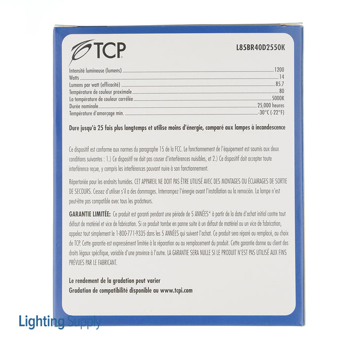 TCP LED 14W BR40 Dimmable 5000K 1200Lm 120V 80 CRI E26 Base (L85BR40D2550K)