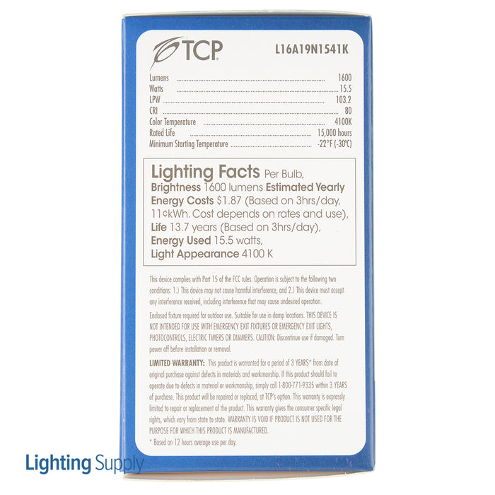 TCP LED 16W A19 Non-Dimmable 4100K (L16A19N1541K)