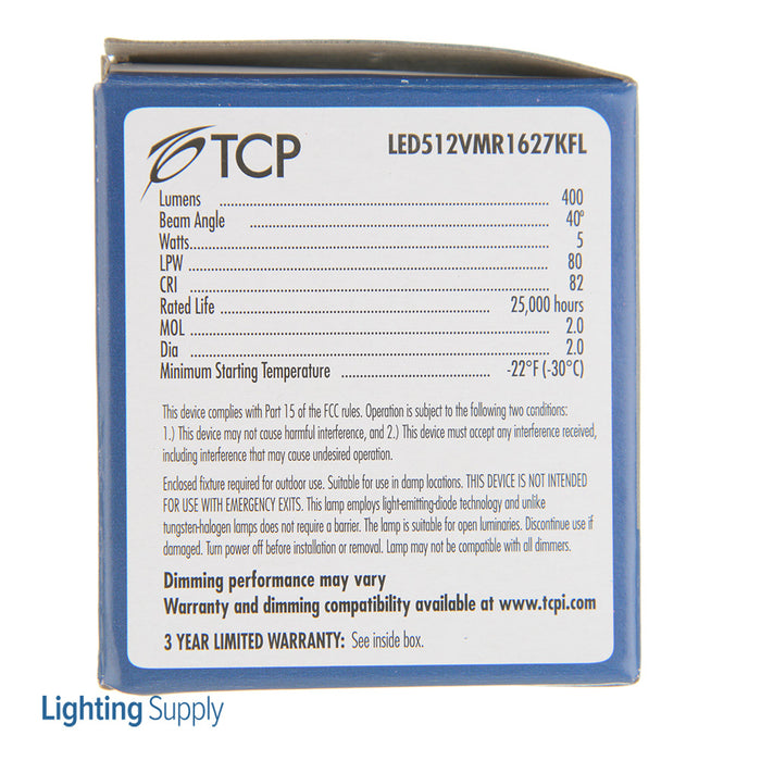 TCP LED 5W MR16 2700K GU5.3 Flood (LED512VMR1627KFL)