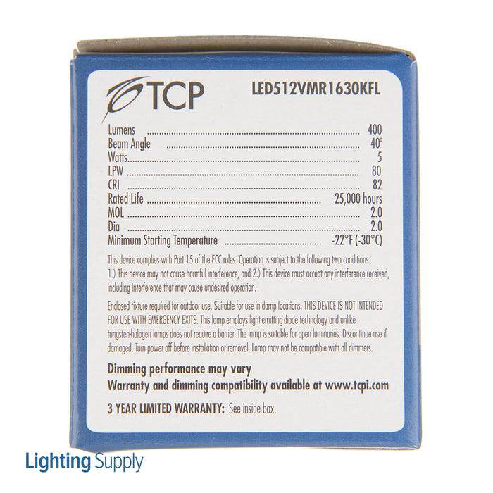 TCP LED 5W MR16 3000K GU5.3 Flood (LED512VMR1630KFL)