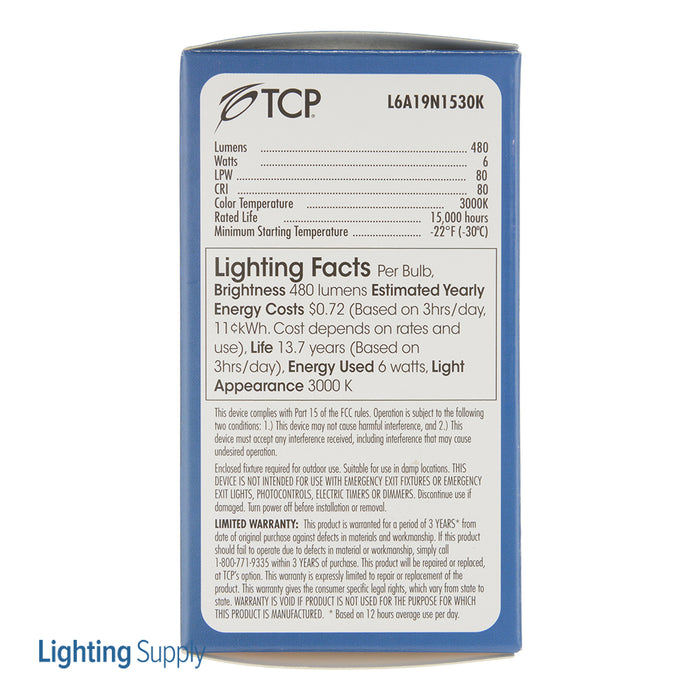 TCP LED 6W A19 Non-Dimmable 3000K (L6A19N1530K)