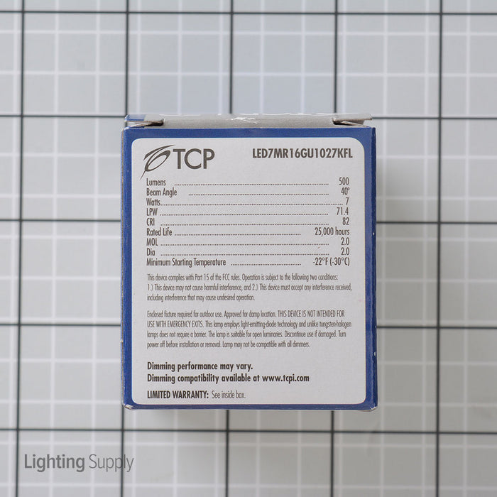 TCP 7W MR16 LED 2700K 120V 500Lm 82 CRI Twist And Lock GU10 Base Dimmable Flood Bulb (LED7MR16GU1027KFL)