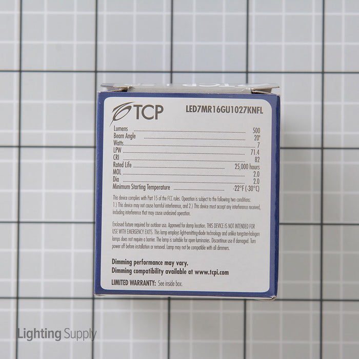 TCP 7W MR16 LED 2700K 120V 500Lm 82 CRI Twist And Lock GU10 Base Dimmable Flood Bulb (LED7MR16GU1027KNFL)