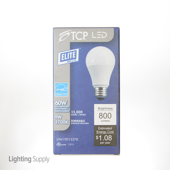 TCP 9W A19 LED 2700K 120V 800Lm 80 CRI Medium E26 Base Shatter Resistant Dimmable Bulb (L9A19D1527K)