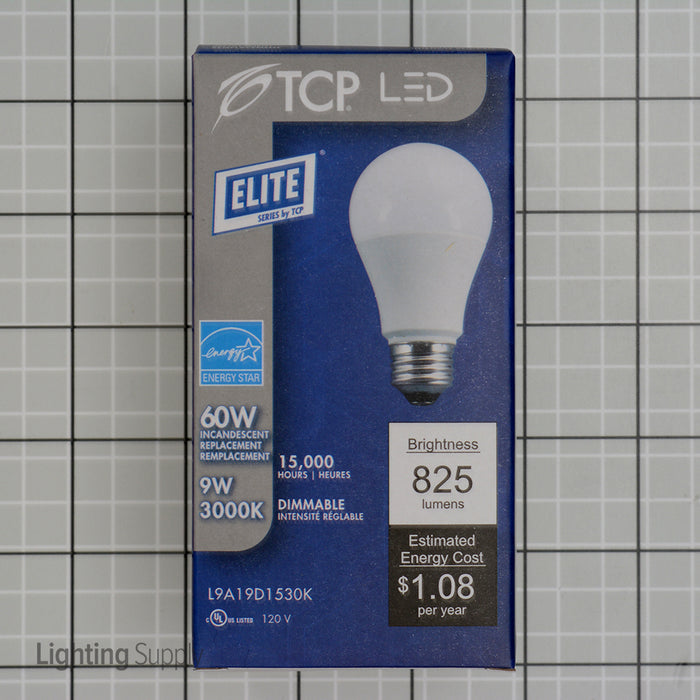 TCP 9W A19 LED 3000K 120V 800Lm 80 CRI Medium E26 Base Shatter Resistant Dimmable Bulb (L9A19D1530K)