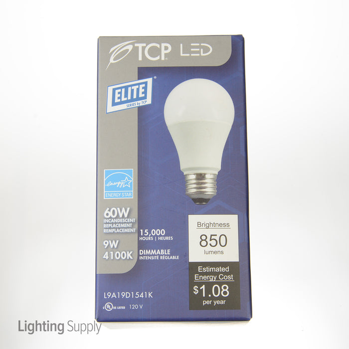 TCP 9W A19 LED 4100K 120V 850Lm 80 CRI Medium E26 Base Shatter Resistant Dimmable Bulb (L9A19D1541K)