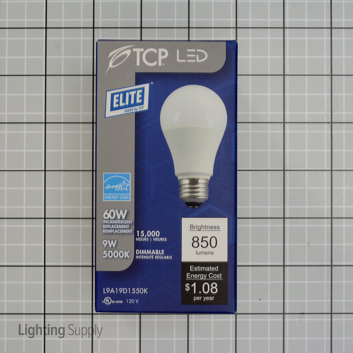 TCP 9W A19 LED 5000K 120V 850Lm 80 CRI Medium E26 Base Shatter Resistant Dimmable Bulb (L9A19D1550K)
