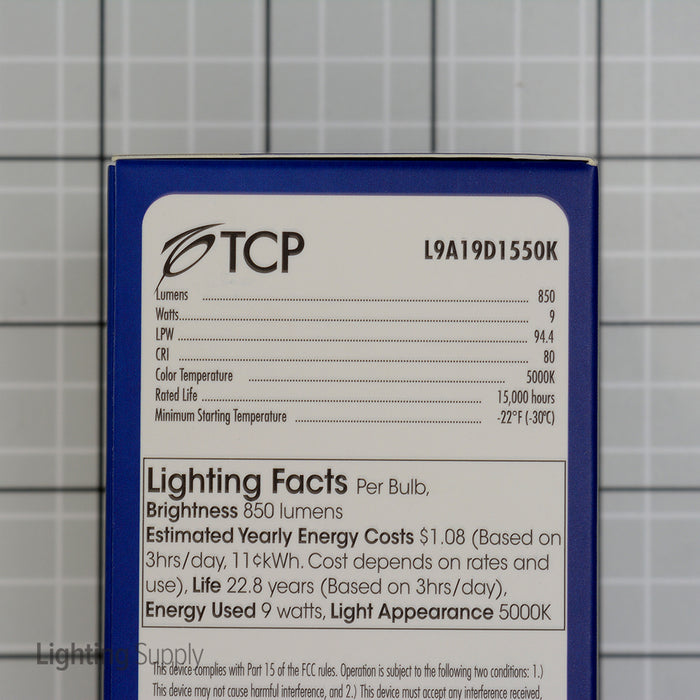 TCP 9W A19 LED 5000K 120V 850Lm 80 CRI Medium E26 Base Shatter Resistant Dimmable Bulb (L9A19D1550K)