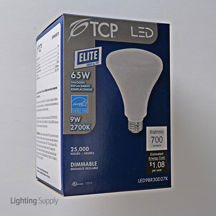 TCP 9.5W BR30 LED 2700K 120V 700Lm 80 CRI Medium E26 Base Dimmable Flood Bulb (LED9BR30D27K)