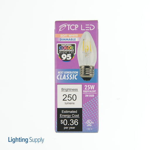 TCP LED Classic Filaments 3W B11 Dimmable 15000 Hours 25W Equivalent 2700K 250Lm E26 Base Clear 95 CRI (FB11D2527E26SCL95)