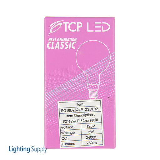 TCP LED Classic Filaments 3W G16 Dimmable 15000 Hours 25W Equivalent 2400K 250Lm E12 Base Clear 92 CRI (FG16D2524E12SCL92)