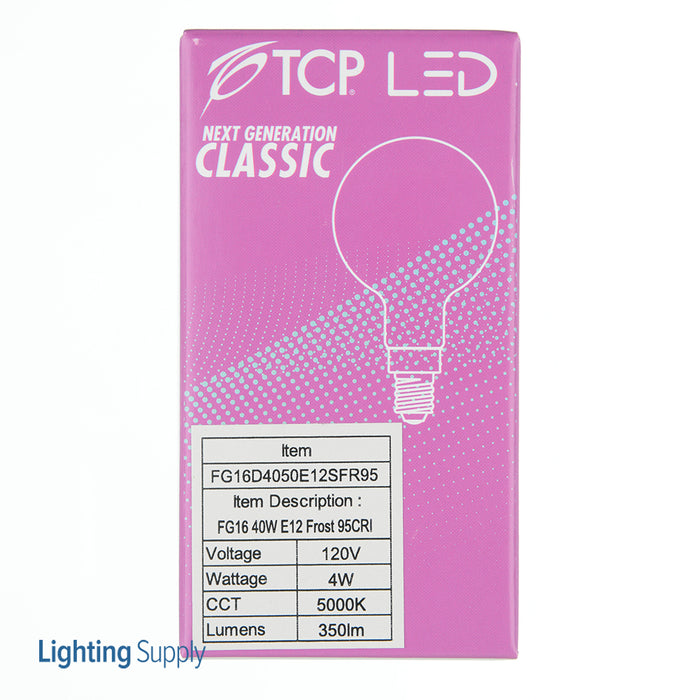 TCP LED Classic Filaments 4W G16 Dimmable 15000 Hours 40W Equivalent 5000K 350Lm E12 Base Frost 95 CRI (FG16D4050E12SFR95)