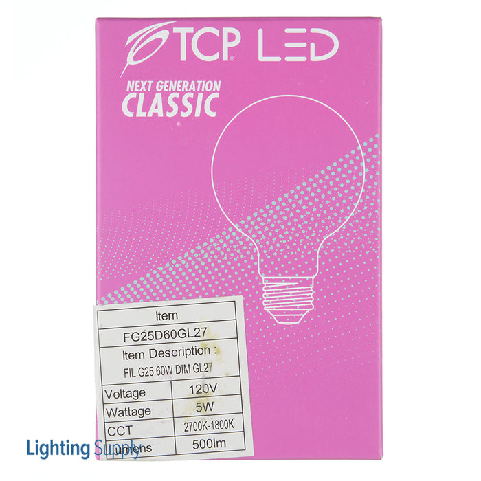 TCP LED Classic Filaments 5W G25 Warm Dimming 15000 Hours 40W Equivalent 2700-1800K 500Lm E26 Base Frost (FG25D60GL27)