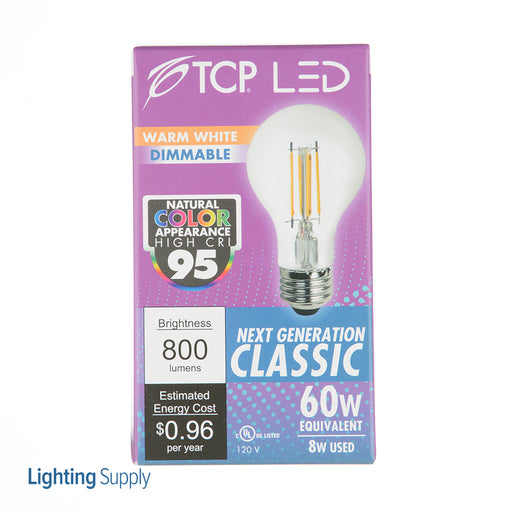 TCP LED Classic Filaments 8W A19 Dimmable 15000 Hours 60W Equivalent 3000K 800Lm E26 Base Clear (FA19D6030E26SCL95)