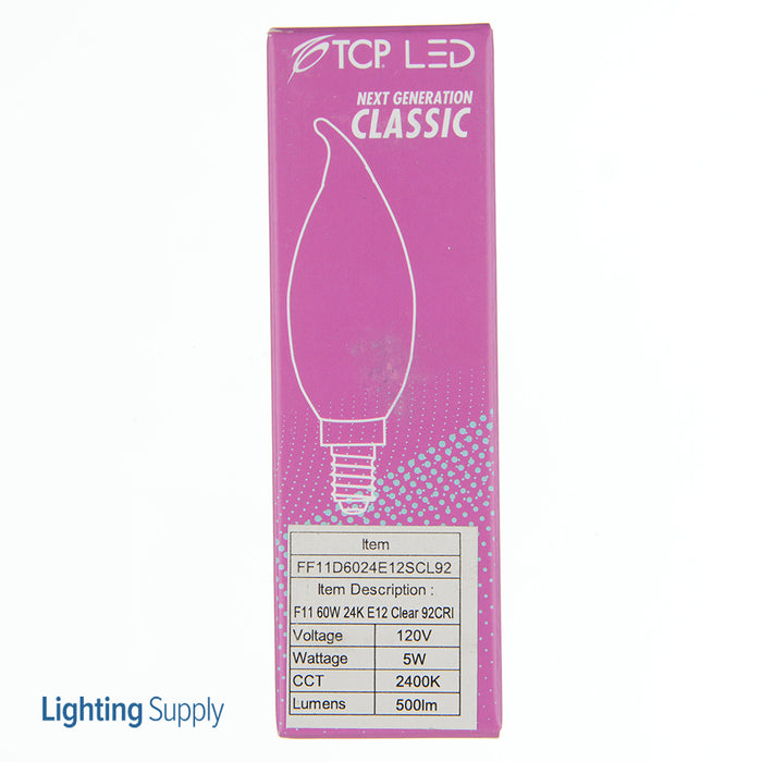 TCP LED Classic Filaments F11 60W Equivalent 2400K 500Lm 120V Dimmable 15000 Hours Clear E12 Base High CRI (FF11D6024E12SCL92)
