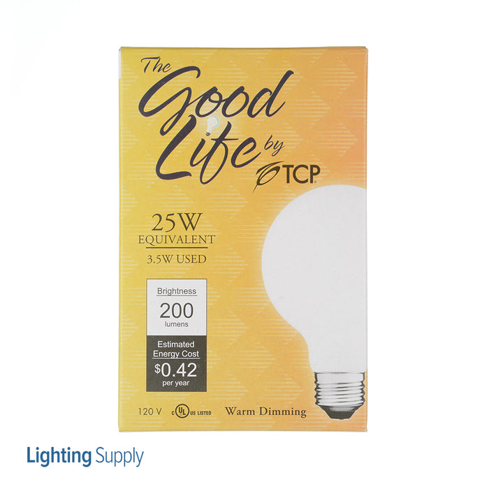 TCP LED Classic Filaments G25 2W G25 Warm Dimming 15000 Hours 25W Equivalent 2700-1800K 250Lm E26 Base 360 Frost (FG25D25GL27)
