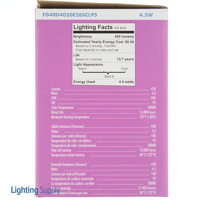 TCP LED Filaments High CRI Decorator Lamp G40 4.5W 450Lm 5000K E26 Base Dimmable Clear 95 CRI (FG40D4050E26SCL95)