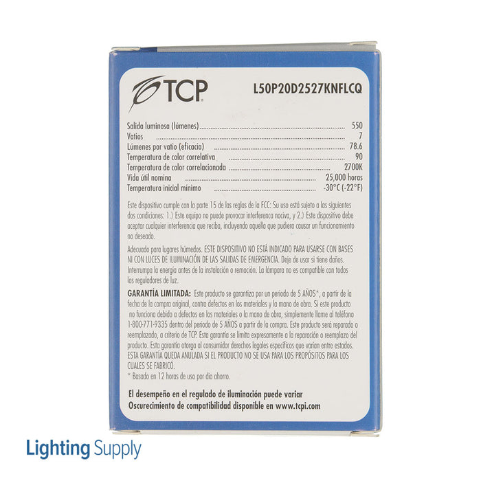 TCP LED PAR20 7W 2700K E26 Base Suitable For Wet Locations Dimmable 25 Degree Beam Angle (L50P20D2527KNFLCQ)