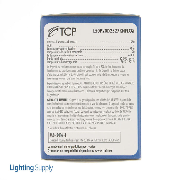 TCP LED PAR20 7W 2700K E26 Base Suitable For Wet Locations Dimmable 25 Degree Beam Angle (L50P20D2527KNFLCQ)