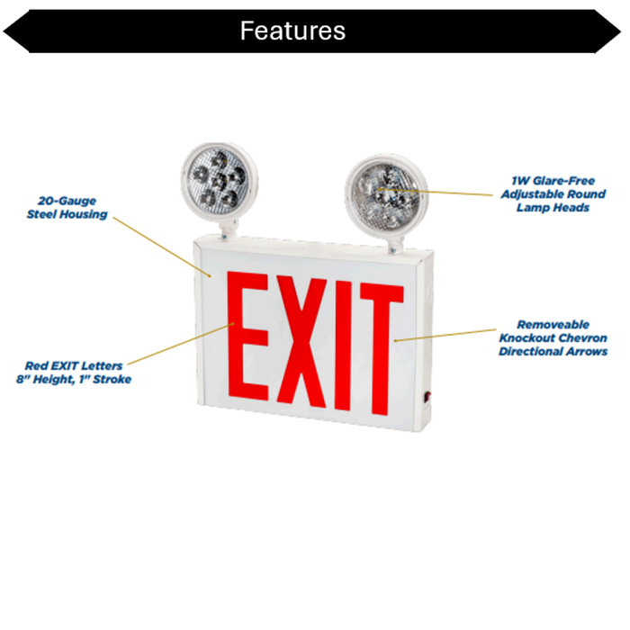 Topaz ESC/LED/RW/2H-NYC LED Steel Exit/Emergency Combination NYC Approved Red Letters 2-Head 90-Minute Backup White (T71234)