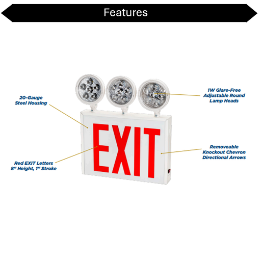 Topaz ESC/LED/RW-NYC LED Steel Exit/Emergency Combination NYC Approved Adjustable 3-Head Red Letters 90-Minute Backup White (T75140)
