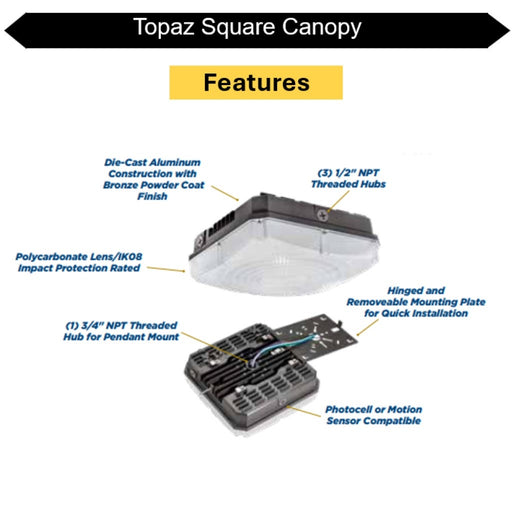 Topaz F-CPS/60W/40K/BZ LED Square Canopy 60W 4000K 7500Lm 120-277Vac Dimmable 80 CRI Light Bronze (T70477)
