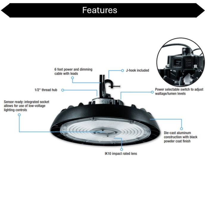 Topaz HBC-30L-50K-PS Round LED High Bay Power Selectable 125W/150W/200W 5000K 19375Lm/23250Lm/30000Lm 120-277V 110 Degree Beam Angle Black (T77107)