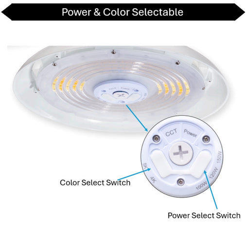 Topaz HBC-150W-PCTS-WH Round LED High Bay Power/CCT Selectable 100W/120W/150W 4000K/5000K 120-277V 90 Degree Optical Lens White (T73568)