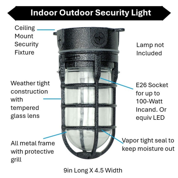 Topaz L1706BLK Vaportight Industrial Jelly Jar Ceiling Mount Incandescent/LED Lamp Ready Black E26 Socket (TX4103)