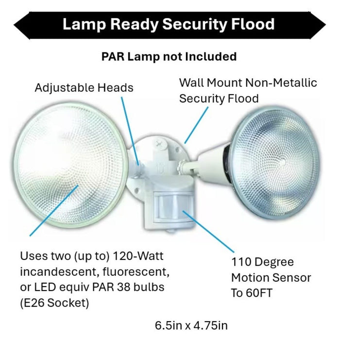 Topaz L5999WH Lamp Ready 2-Head Security Flood White 110 Degree Motion Sensor Use [2] 60W Maximum Incandescent Or LED Bulb [Not Included] (TX4129)