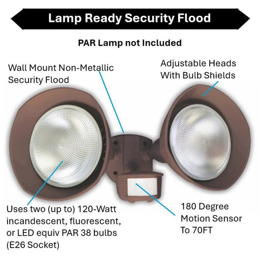 Topaz L6002BR Lamp Ready 2-Head Security Flood With Shields Bronze 180 Degree Motion Sensor Use [2] 75W Maximum Incandescent Or LED Bulb [Not Included] (TX4130)