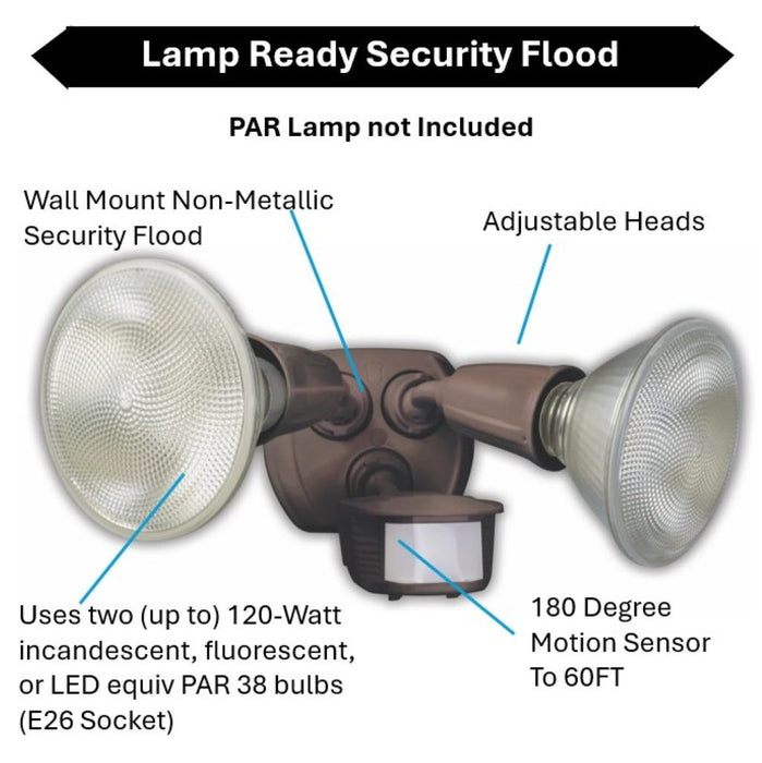 Topaz L6003BR Lamp Ready 2-Head Security Flood Bronze 180 Degree Motion Sensor Use [2] 125W Maximum Incandescent Or LED Bulb [Not Included] (TX4131)