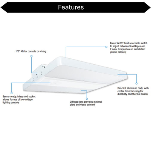 Topaz LHB-30L-W-PCS-HVEM LED Linear High Bay Power/CCT Selectable 120W/160W/200W 3500K/4000K/5000K 277-480V 0-10V Dimming Emergency Backup 3.5mm Control Ready (T75826)