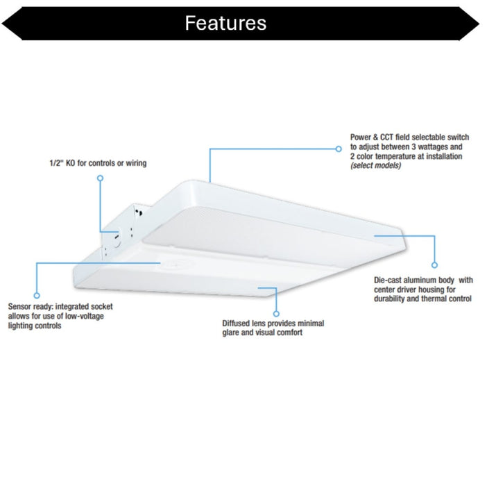Topaz LHB-30L-W-PCS-U LED Linear High Bay Power/CCT Selectable 120W/160W/200W 3500K/4000K/5000K 120-277V 0-10V Dimming 3.5mm Control Ready For PIR Sensor (T75827)