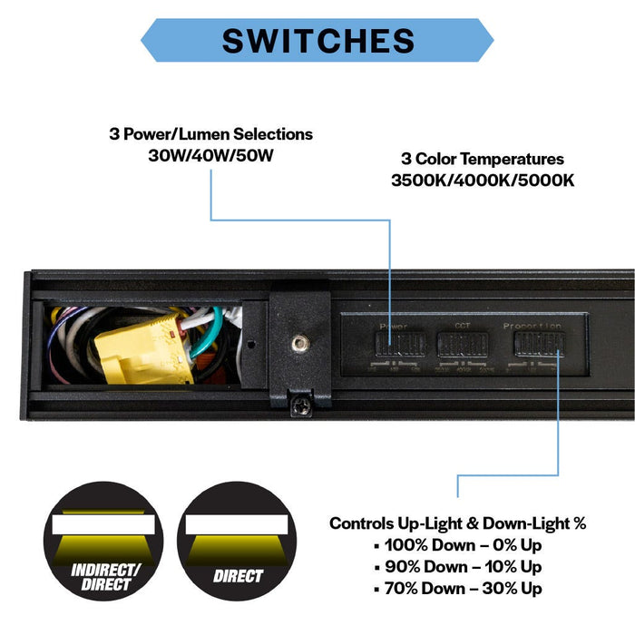 Topaz LSA4P-50PCS-EM-BL 4 Foot Architectural LED Linear Strip Power/CCT Selectable 30W/40W/50W 3500K/4000K/5000K 120-277V 0-10V Dimming Emergency Backup Black (T77053)