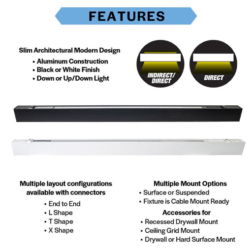 Topaz LSA4-50PCS-BL 4 Foot Architectural LED Linear Strip Power/CCT Selectable 30W/40W/50W 3500K/4000K/5000K 120-277V 80 CRI 0-10V Dimming Down-Light Only Black (T77049)