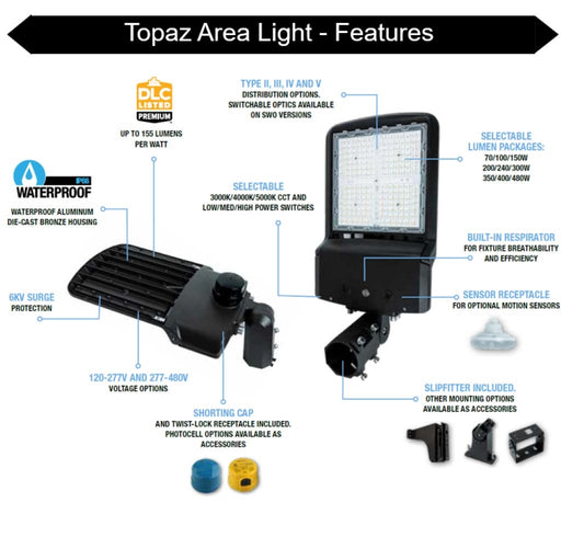 Topaz ARL-150PCS-T5 Area Light Power/CCT Selectable 70W/100W/150W 3000K/4000K/5000K Type 5 120-277V 0-10V Dimming Bronze (T73976)