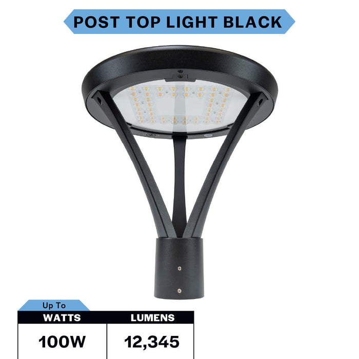 Topaz PTL-100PCS-BK LED Outdoor Post Top Light Wattage/CCT Selectable 60W/80W/100W 3000K/4000K/5000K 120-277V 80 CRI Dimmable Black (T79447)