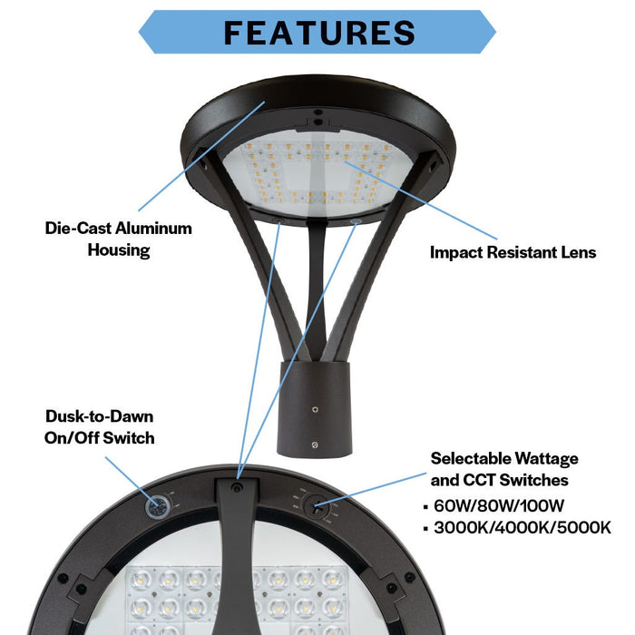 Topaz PTL-100PCS-BZ LED Outdoor Post Top Light Wattage/CCT Selectable 60W/80W/100W 3000K/4000K/5000K 120-277V 80 CRI Dimmable Bronze (T79448)