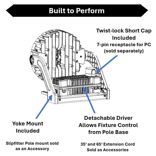 Topaz SP-750PS-50K-HV Sports Light Power Selectable 450W/500W/750W 5000K 72000Lm/77500Lm/112500Lm 200-480V Yoke Mount 30 Degree Beam Angle 7-Pin Receptacle (T74449)
