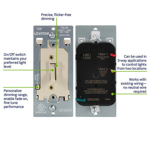 Leviton Toggle Slide Dimmer For Dimmable LED/CFL/Incandescent Lighting 150W Single Pole Or 3-Way Ivory (TSL01-I)