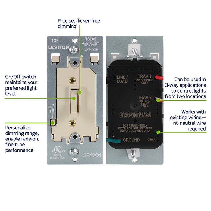 Leviton Toggle Slide Dimmer For Dimmable LED/CFL/Incandescent Lighting 150W Single Pole Or 3-Way Ivory (TSL01-I)