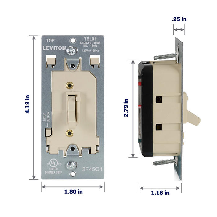 Leviton Toggle Slide Dimmer For Dimmable LED/CFL/Incandescent Lighting 150W Single Pole Or 3-Way Ivory (TSL01-I)
