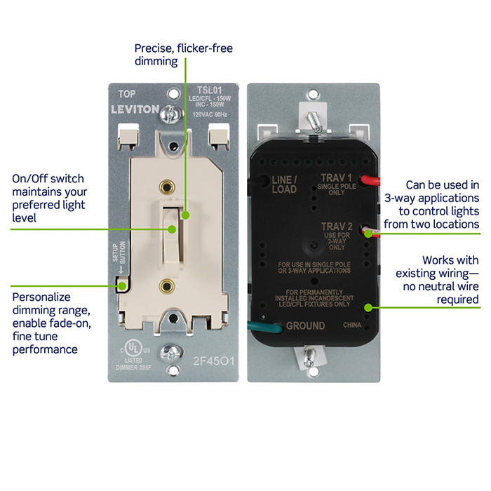 Leviton Toggle Slide Dimmer For Dimmable LED/CFL/Incandescent Lighting 150W Single Pole Or 3-Way Light Almond (TSL01-T)