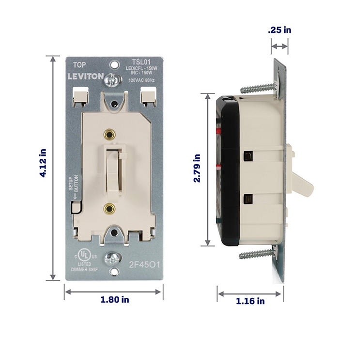 Leviton Toggle Slide Dimmer For Dimmable LED/CFL/Incandescent Lighting 150W Single Pole Or 3-Way Light Almond (TSL01-T)