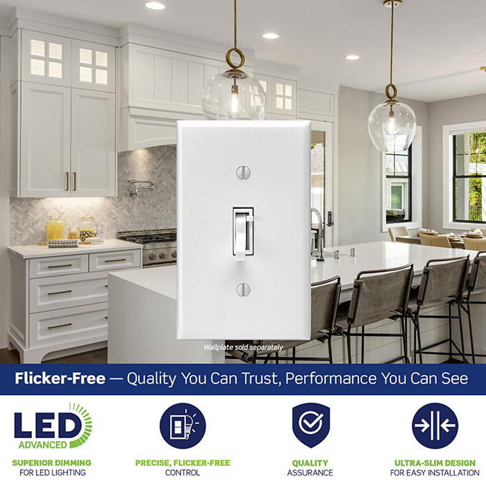 Leviton Toggle Slide Dimmer Switch For Dimmable LED/CFL And Incandescent Lighting Single-Pole Or 3-Way Installation (TSL01-10W)