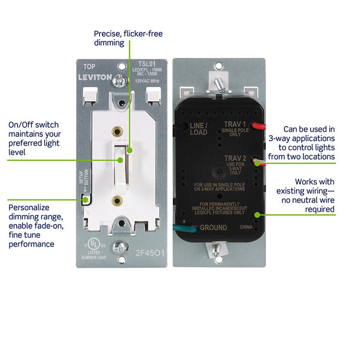 Leviton Toggle Slide Dimmer Switch For Dimmable LED/CFL And Incandescent Lighting Single-Pole Or 3-Way Installation (TSL01-10W)