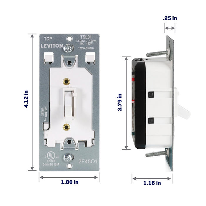 Leviton Toggle Slide Dimmer Switch For Dimmable LED/CFL And Incandescent Lighting Single-Pole Or 3-Way Installation (TSL01-10W)