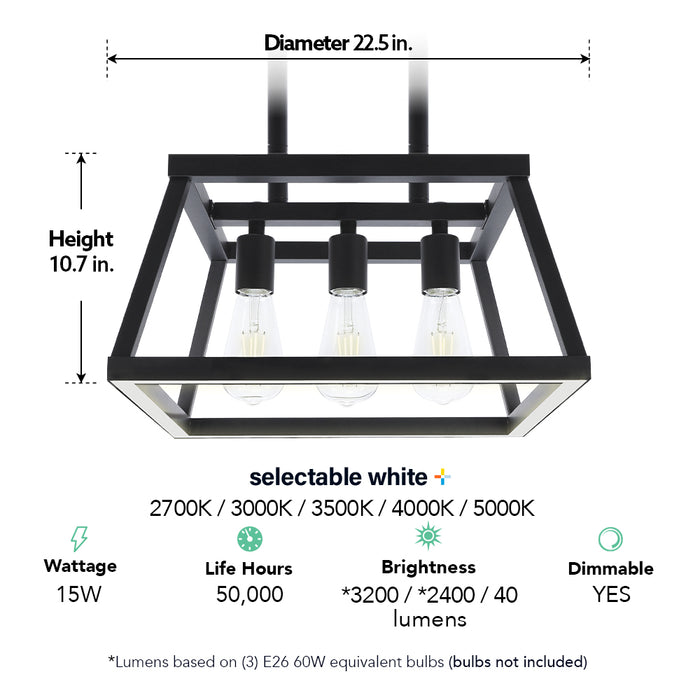 Feit Electric Katalyst Collection LED Decorative 3-Light Chandelier CCT Selectable 2700K/3000K/3500K/4000K/5000K Matte Black (CHD225CCTNLBK)