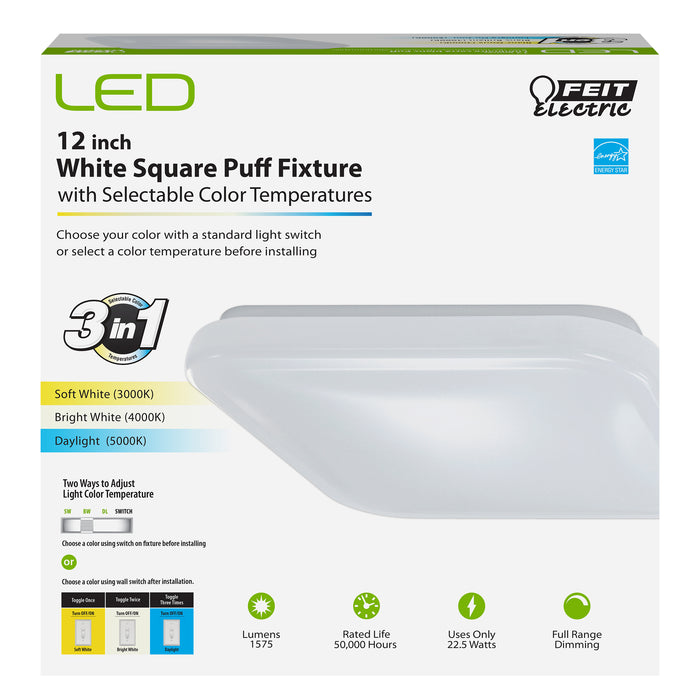 Feit Electric 12 Inch 22.5W 3-In-1 White CCT Selectable 3000K/4000K/5000K Square Puff LED Ceiling Fixture (PF12/SQ/4WY/WH)